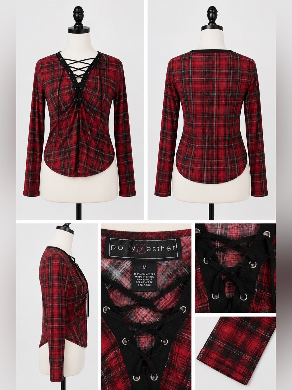 Polly & Esther Red and Black Plaid Lace-Up Long Sleeve Top